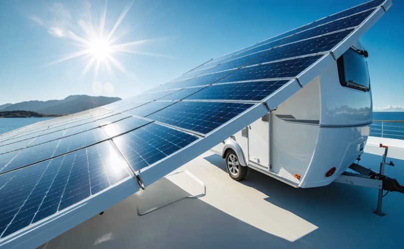 A flexible solar panel bending on a curving RV roof under the bright sun, showcasing its adaptability and innovative design.