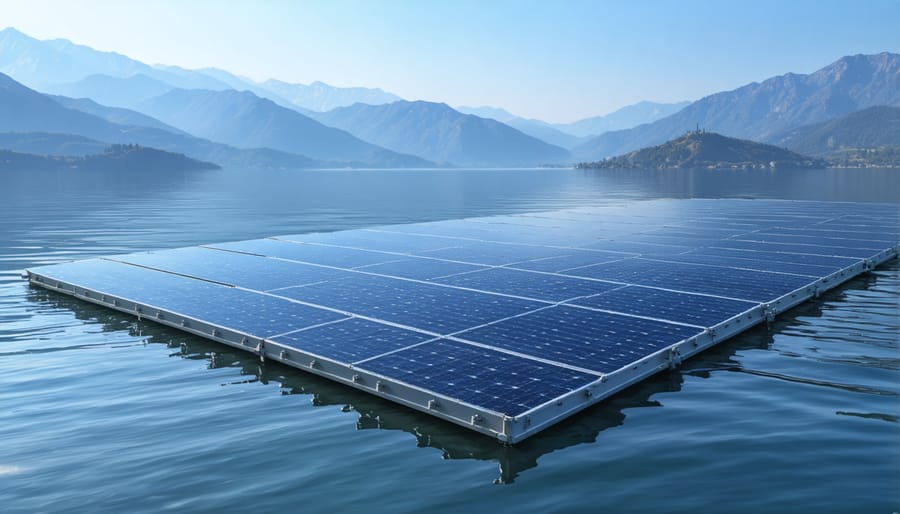 Expansive floating photovoltaic system generating clean energy on a picturesque lake