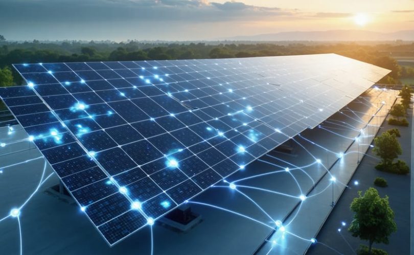 Conceptual representation of solar energy's future, featuring intertwined solar panels, digital interfaces, and glowing energy lines suggesting innovation and sustainable energy integration.