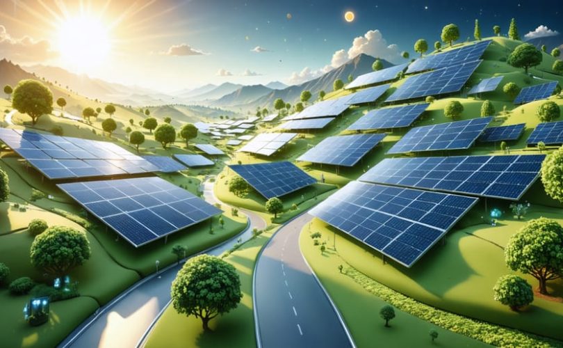 An illustration of various advanced solar technologies, including perovskite solar cells, bifacial panels, solar skin, energy-harvesting windows, and floating solar farms, under a bright sun, representing a sustainable energy future.