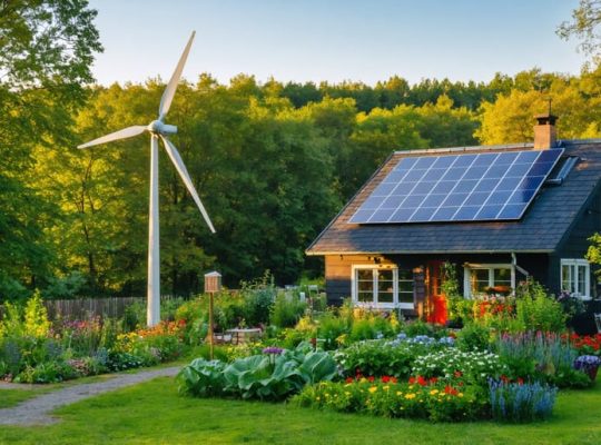 An off-grid cottage with solar panels, a wind turbine, and a flourishing vegetable garden, illustrating sustainable, independent living in harmony with nature.