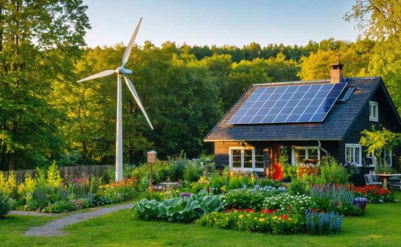 An off-grid cottage with solar panels, a wind turbine, and a flourishing vegetable garden, illustrating sustainable, independent living in harmony with nature.