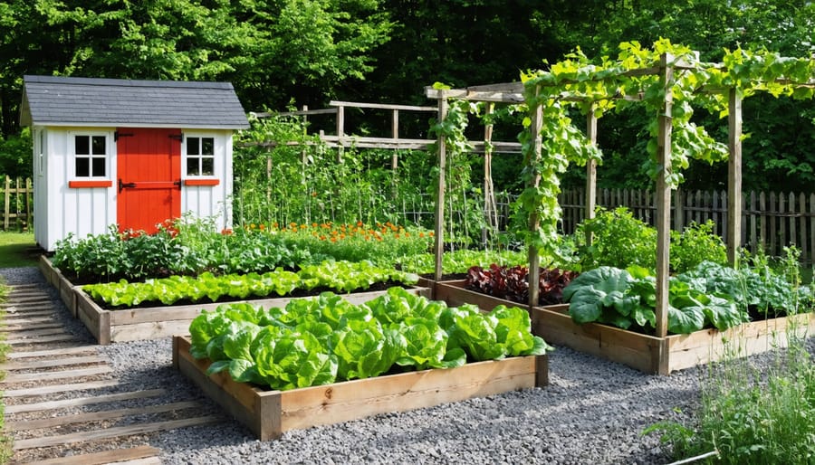 Productive off-grid garden with various crops growing near a home