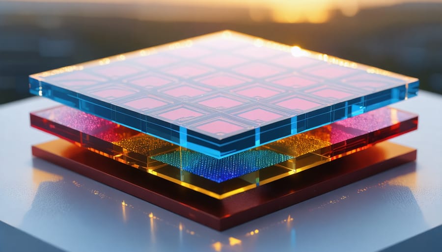 3D illustration of a colorful, layered perovskite solar cell