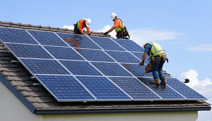 Solar installation professionals mounting panels on a house