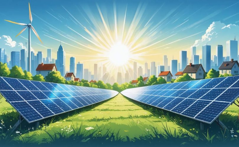 Illustration of a futuristic landscape highlighting solar energy integration with solar farms, rooftop panels, and a city skyline under a bright sun.