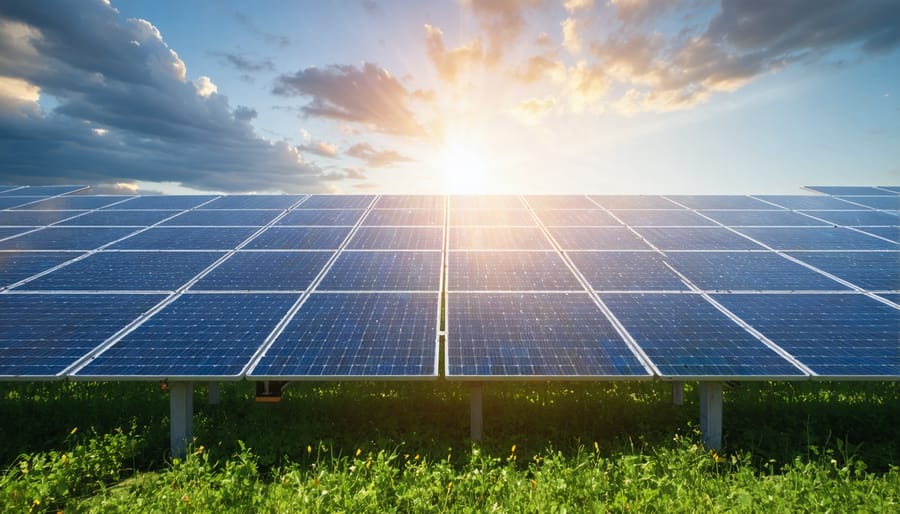 Large solar farm generating clean electricity on a sunny day