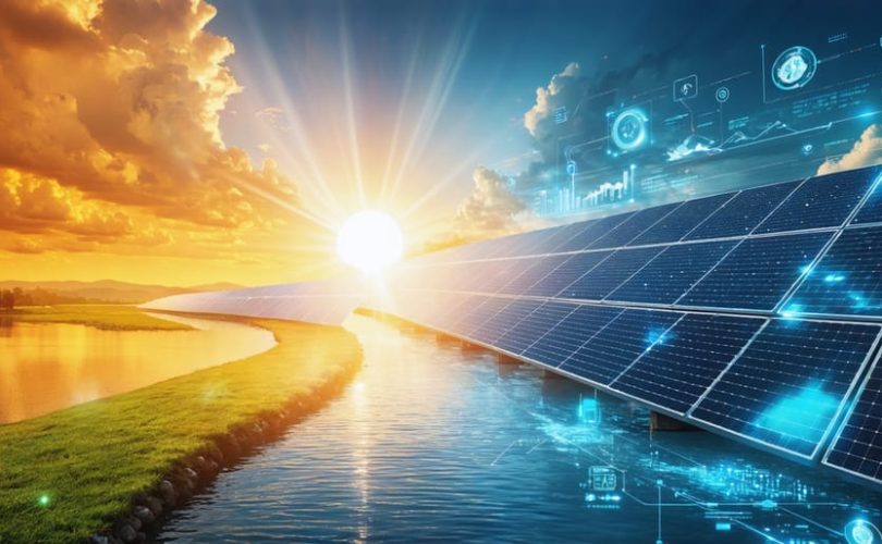 Futuristic depiction of solar energy trends featuring the sun at the center surrounded by elements like perovskite solar cells, solar-powered vehicles, floating solar farms, and AI-driven optimization systems.