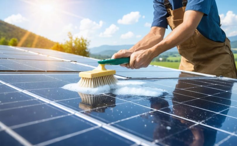 An individual carefully cleaning solar panels using a soft brush and soapy water, representing essential maintenance for optimal performance and sustainability in solar energy systems.