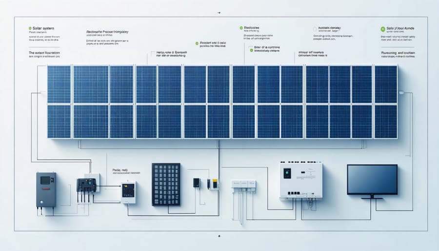 Illustration of a solar PV system with solar panels, inverter, and electrical connections