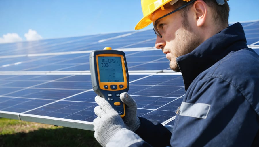 Solar energy professional measuring solar irradiance levels with a handheld device