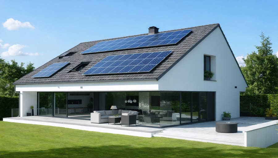 Attractive residential home featuring a seamless solar tile roof installation