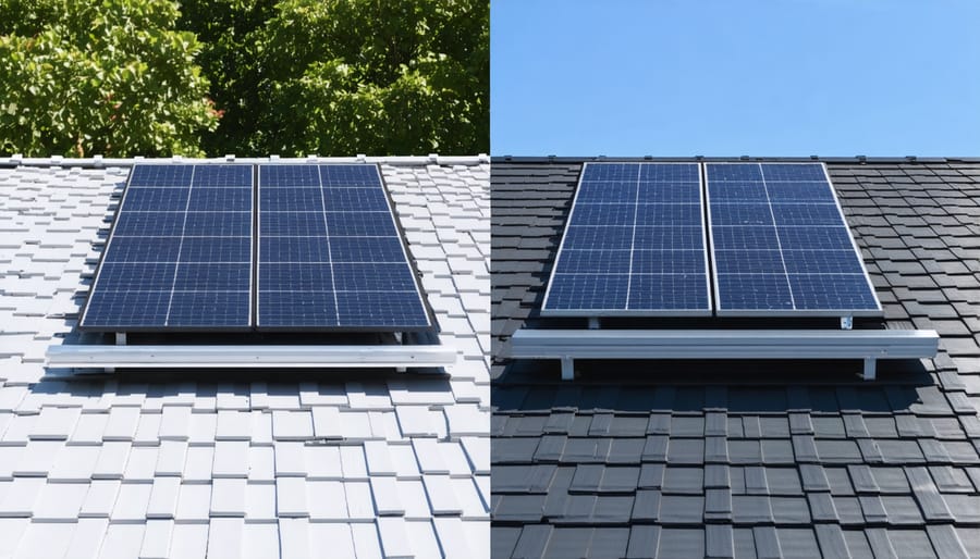 Visual comparison contrasting the appearance of Tesla Solar Roof tiles and conventional solar panels