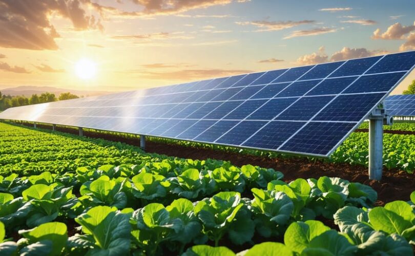 Illustration of an agrivoltaic system showing solar panels elevated above a variety of lush crops, highlighting the synergy between solar energy generation and agricultural productivity.