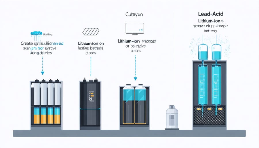 Technical illustration comparing lithium-ion and lead-acid battery storage systems for solar PV applications