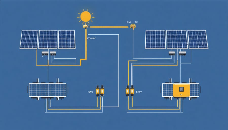Schematic diagram showing DC and AC coupling methods for solar PV storage integration