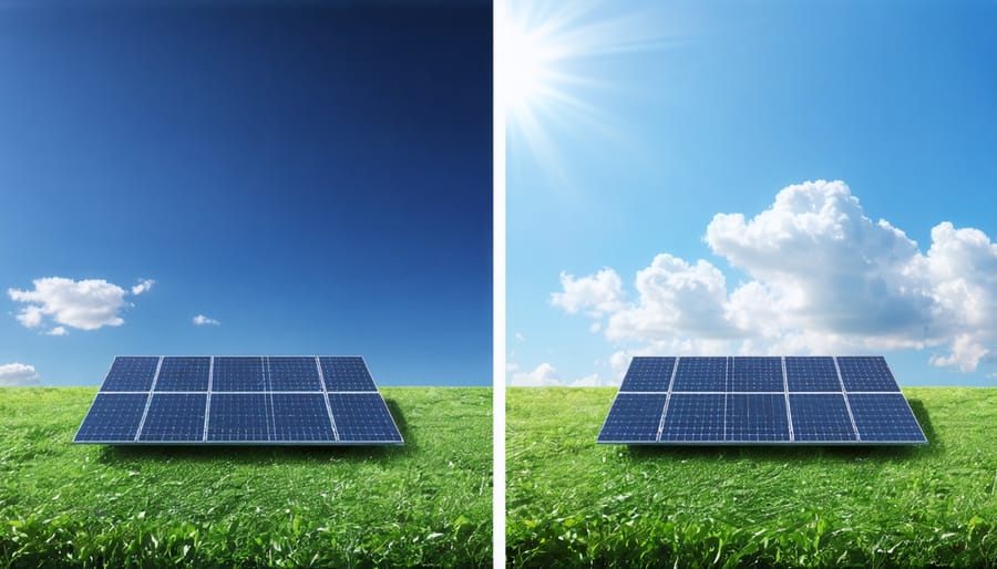 Side-by-side images of solar panels during hurricane, hailstorm, and heavy snow conditions