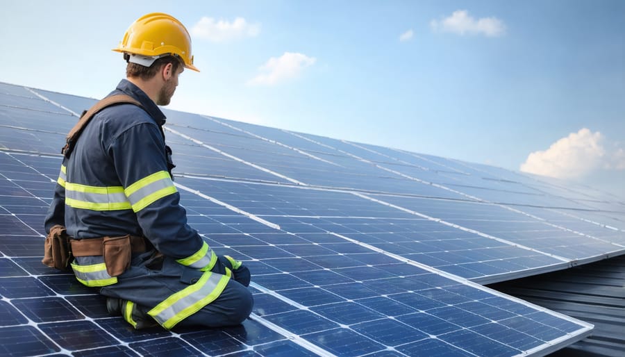 Emergency responder in protective gear inspecting solar panels on roof