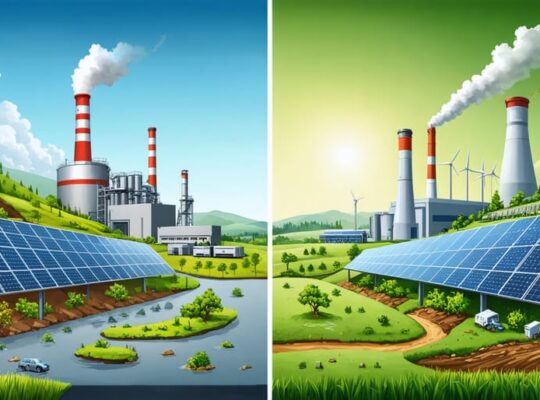 Illustration depicting the environmental lifecycle of solar panel manufacturing, highlighting the contrast between traditional mining and production methods versus innovative, sustainable technologies in modern facilities.