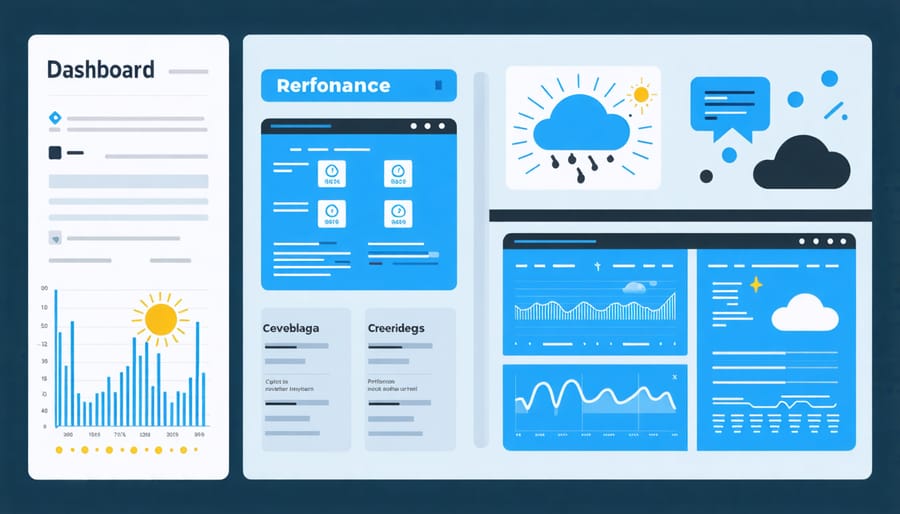 Digital interface displaying real-time monitoring of coastal solar installation with weather warnings