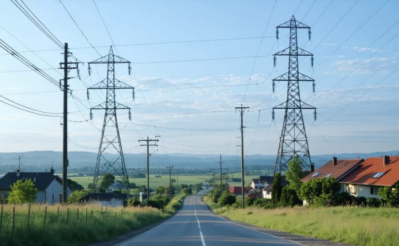 Dynamic illustration depicting high-voltage transmission towers in an open landscape contrasted with smaller distribution poles in a residential area, highlighting the roles of transmission and distribution in power delivery.