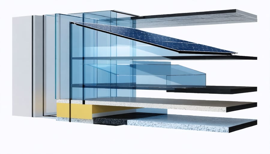 Exploded view diagram of PV glass window construction layers