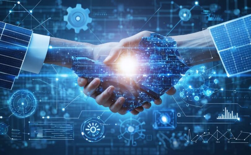 Conceptual illustration of academic and industry collaboration in photovoltaic research, featuring solar cells, gears, light beams, and scientific formulas.