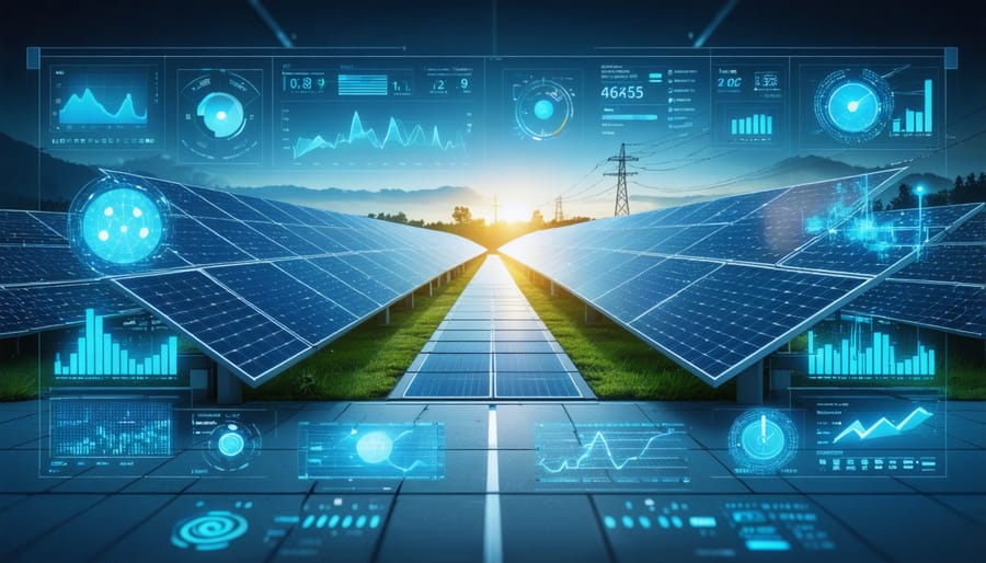 Modern control room showing multiple screens with solar grid integration metrics and forecasting data