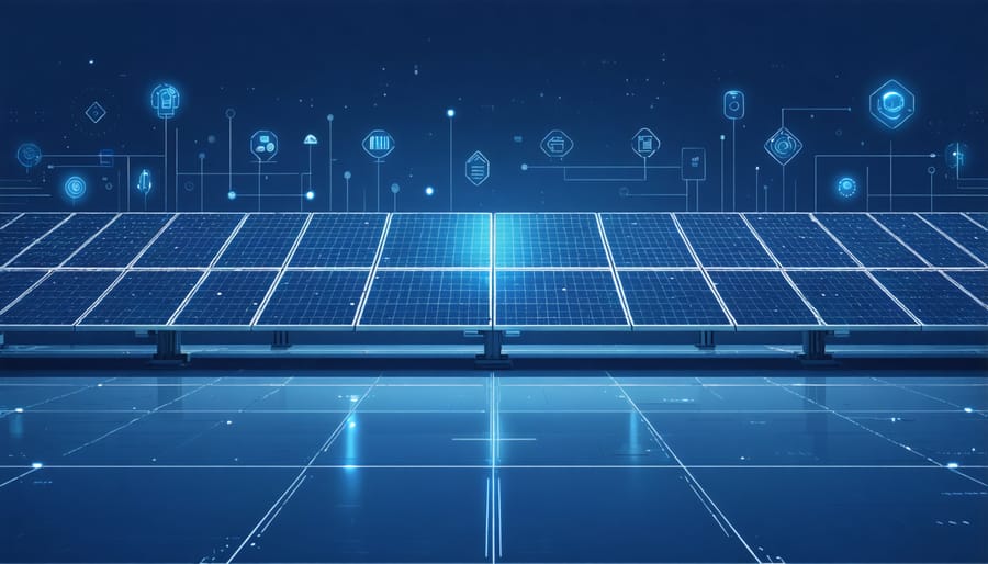 Smart factory floor showing real-time data collection and AI analysis in solar panel production