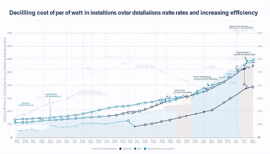 Line graph depicting solar PV cost reduction and efficiency improvements from 2013-2023