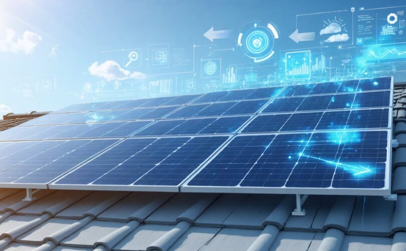 Conceptual image of rooftop solar panels with dynamic arrows depicting optimal sunlight angles and advanced technology icons, representing efficiency optimization.