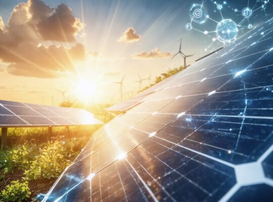 Illustration depicting the process of solar energy conversion using photovoltaic panels, highlighting electron interactions and energy integration into the power grid.