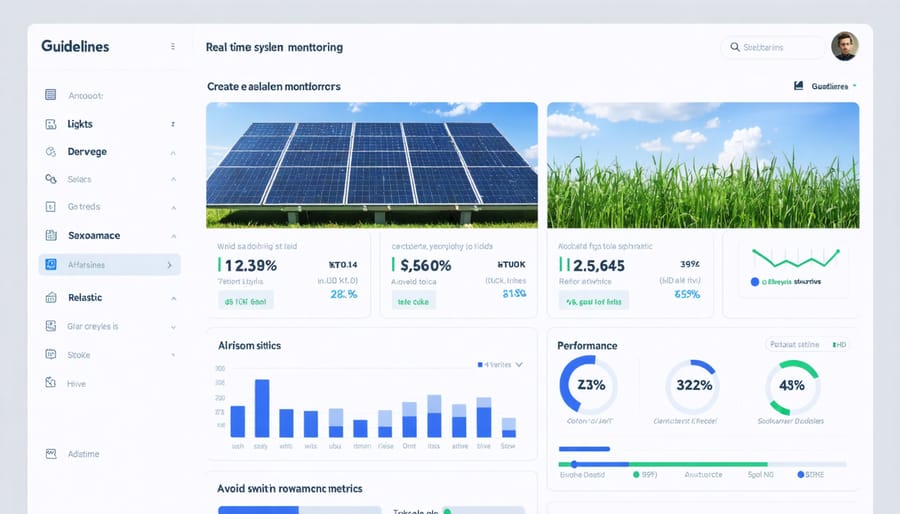 Computer screen displaying solar monitoring software with performance graphs and system alerts