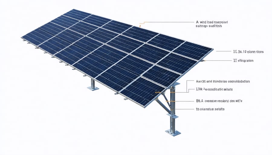 Technical illustration of solar panel racking system with labeled components and wind force arrows