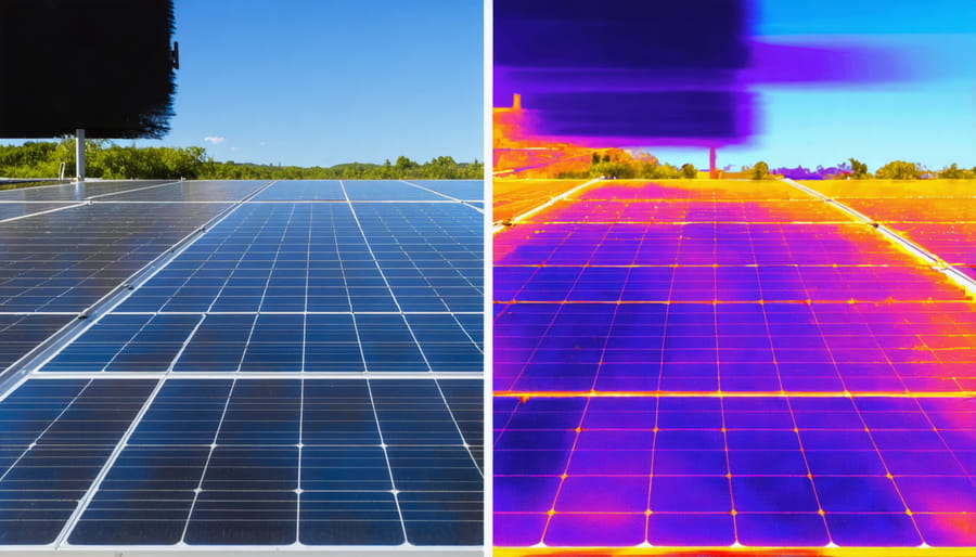 Thermal image comparison showing temperature difference between clean and dirty solar panels