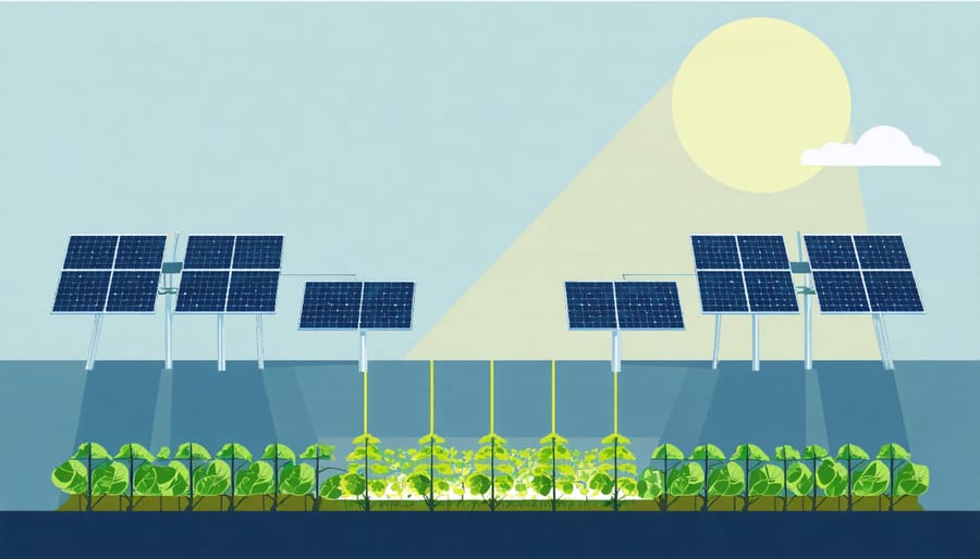 Technical illustration of solar panel configuration and light distribution in an agrivoltaic system