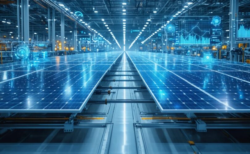 Conceptual representation of solar panel production line with a digital twin overlay, showcasing real-time data and sensor readings.