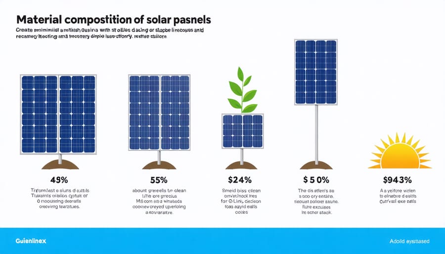 Detailed breakdown diagram of solar panel components including glass, silicon, aluminum, and precious metals with recovery rates
