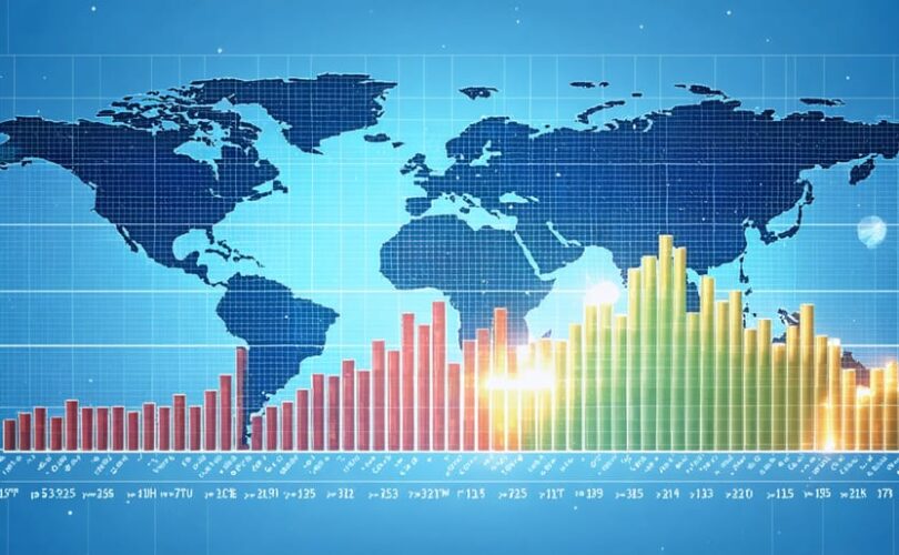 Conceptual illustration of solar PV economic evolution featuring graphs of cost decline and efficiency increase, with solar panels and global map elements.