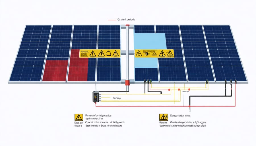 Infographic highlighting electrical hazard points in a solar PV system installation