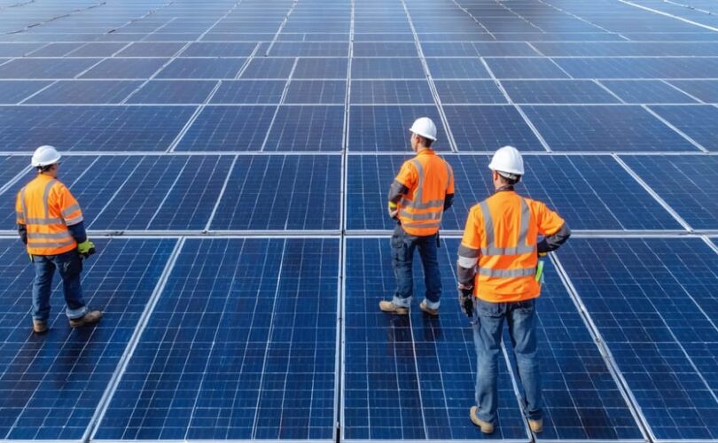 Emergency response team in safety gear managing a simulated crisis at a solar PV installation, demonstrating coordinated safety protocols and communication.