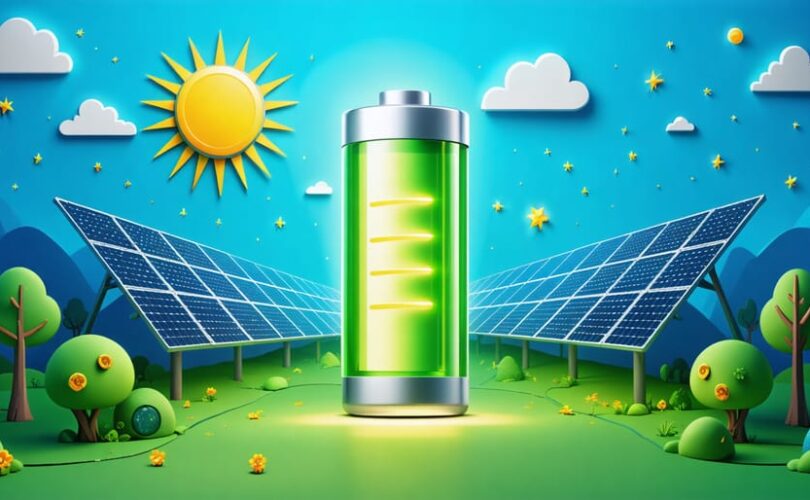 Illustration of solar panels capturing sunlight, with a glowing battery symbol indicating stored energy, symbolizing the continuous power supply through advanced PV storage systems.