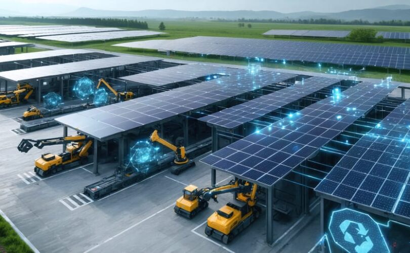 A modern recycling facility utilizing robotic arms and AI technology to dismantle solar panels, set against a backdrop of solar farms depicting the cycle of renewable energy and sustainability.