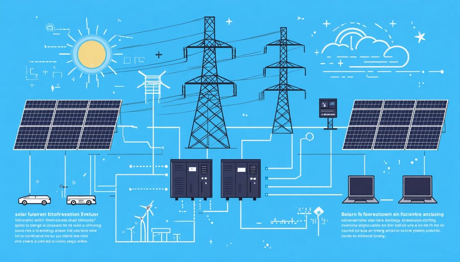Diagram illustrating the relationship between solar PV systems, battery storage, and forecasting systems