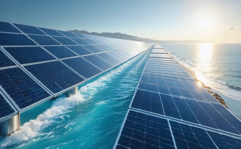 Conceptual illustration of a coastal area with large solar panels supplying energy to advanced desalination units, showcasing the integration of renewable energy and water sustainability.