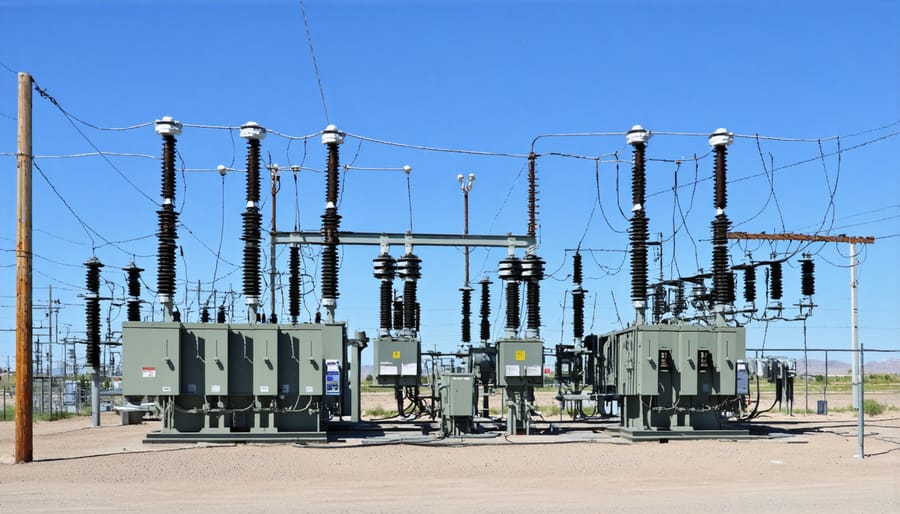 Modern electrical substation showing transformers and switching equipment for power distribution