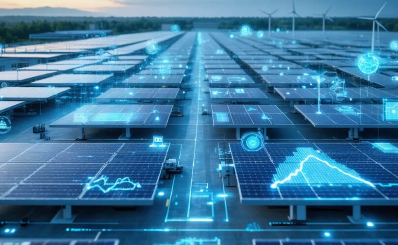 A futuristic solar manufacturing facility integrated with AI, IoT sensors, and renewable energy systems, showcasing real-time data monitoring and sustainable production processes.