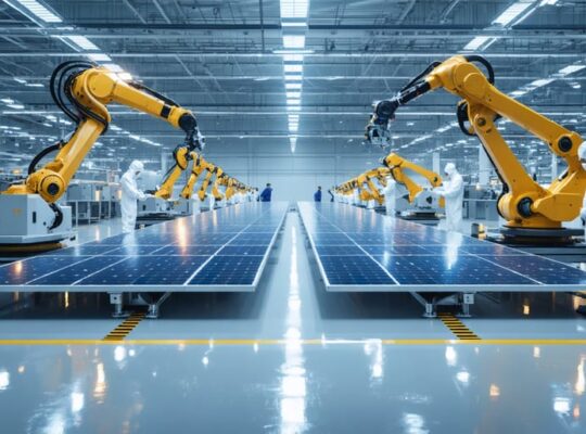 A high-tech solar manufacturing facility with robotic arms and workers in cleanroom attire assembling bifacial solar panels, showcasing advanced automated production and quality control processes.