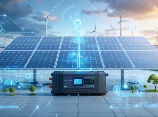Conceptual illustration showing an advanced energy inverter connected to solar panels and an electric grid, symbolizing the transformation of solar power into grid-ready electricity with smart technology integration.