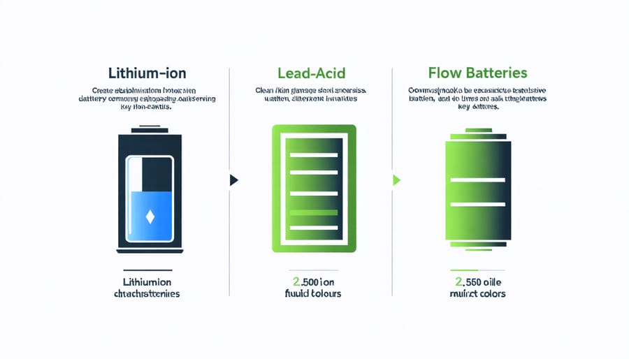 Comparative infographic of solar battery storage technologies including lithium-ion, lead-acid, and flow batteries